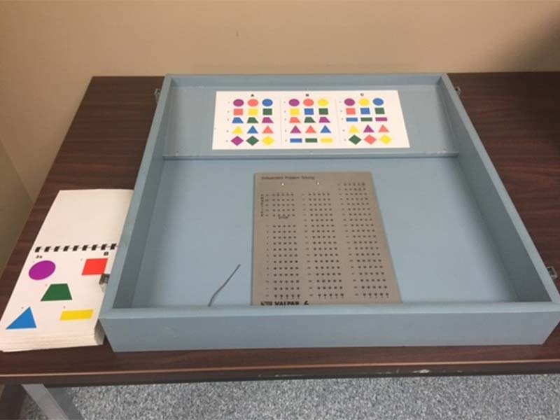 Tool used in the vocational assessment program to assess independent problem solving. The tool involves a variety of coloured geometric designs.